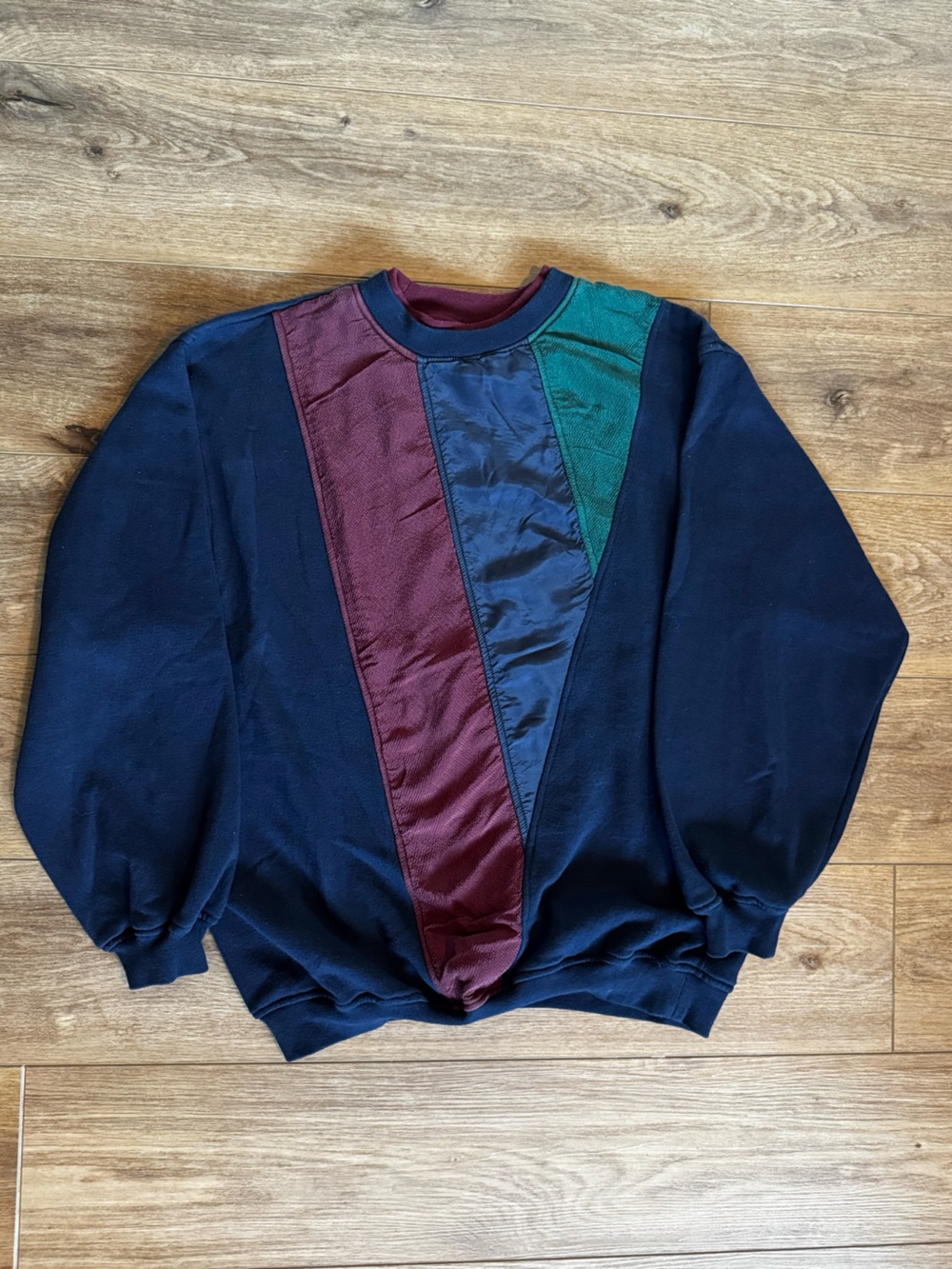 Imprints Navy Crewneck with Burgundy and Teal Silk Panels